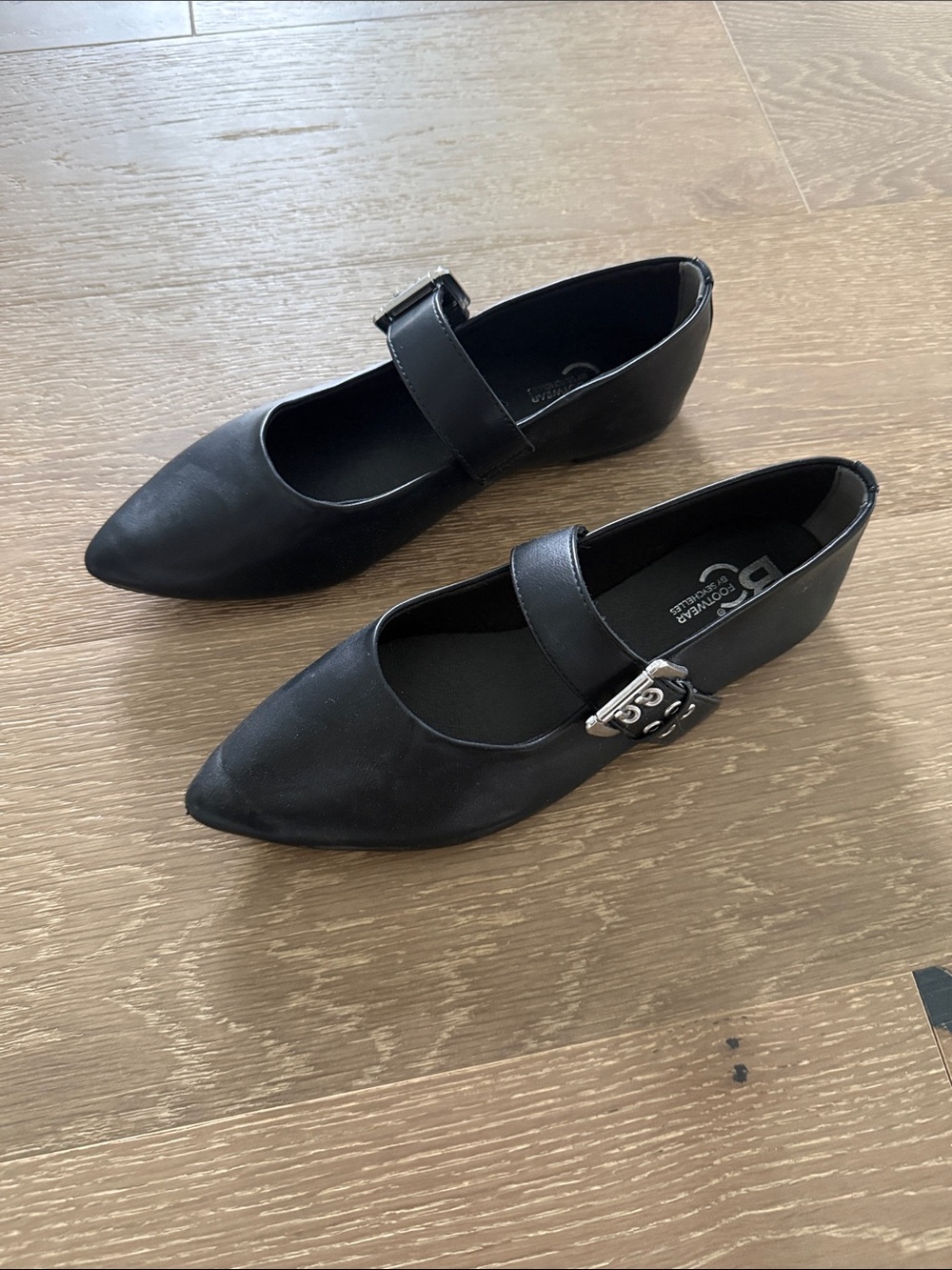 BC Footwear Black Pointed Mary Jane Flats with Silver Buckle